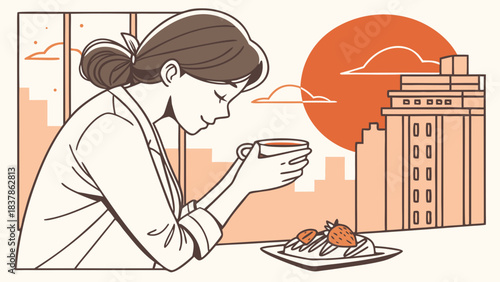 A woman enjoys a warm beverage and a sweet treat while looking out at a city skyline at sunrise.