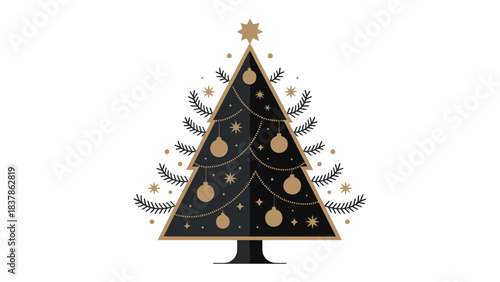 Festive Pine Delight: A stylized evergreen tree, adorned with shimmering ornaments and topped with a star, embodying the spirit of winter holidays and cheer.