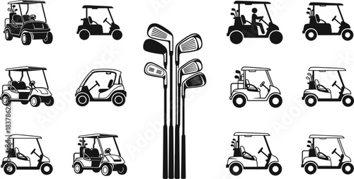 Golf cart and club silhouettes in varied styles and configurations for sports and recreation