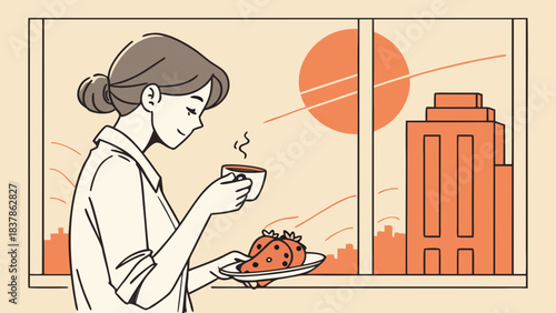 A woman enjoying her morning coffee and breakfast with a city view.