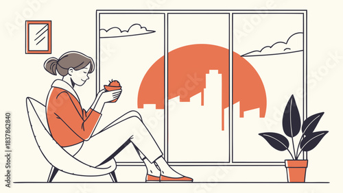 A woman sits in a chair by a large window, holding a potted plant and looking out at a city skyline during sunset.