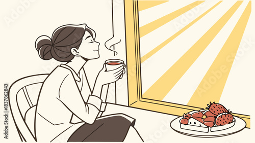 Illustration of a woman enjoying a warm drink by a sunny window with strawberry cake.