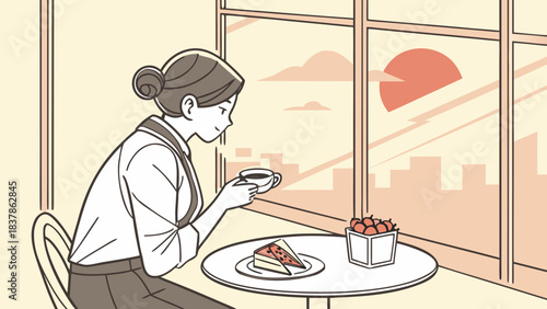 A woman enjoys a slice of cake and coffee while looking out a window at a city skyline during sunset.