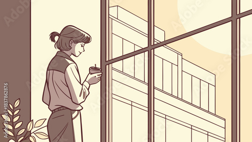 An illustrated woman standing by a large window, looking at an object in her hands, with a city building visible outside.