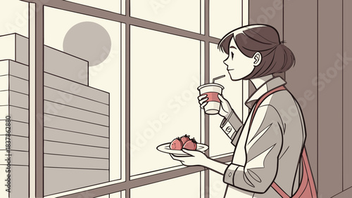 A woman in an apron drinks from a cup and holds a plate of strawberries while looking out a window at a city skyline.
