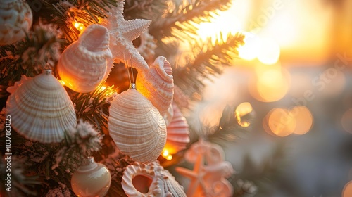 Tropical-themed Christmas tree with seashell ornaments, blurred beach sunset background .