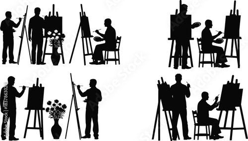 Silhouettes of artists painting together in studio with easels, brushes, and shared still life
