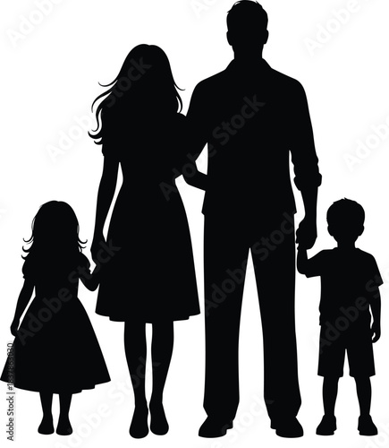 Silhouette of nuclear family holding hands in standing pose on white backgroundSilhouette of nuclear family holding hands in standing pose on white background