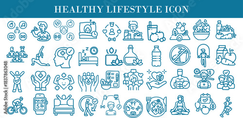 Modern healthy lifestyle icon set featuring wellness, fitness, nutrition, mindfulness, and self care doodle symbol. Perfect for app, infographic, medical guide, coaching, blogs, and wellness branding.