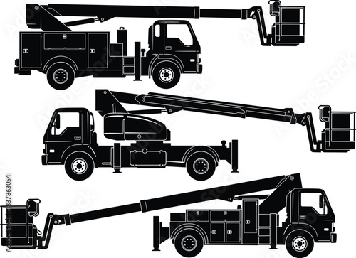Silhouettes of bucket trucks with extendable boom arms and elevated work platforms