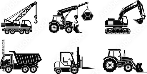 Silhouettes of construction and industrial vehicles including crane, excavator, forklift, and 
