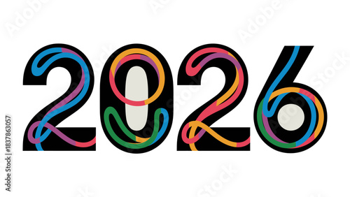 Celebrating the Future: A vibrant and colorful depiction of the year 2026, where each digit is uniquely styled with intertwining lines.