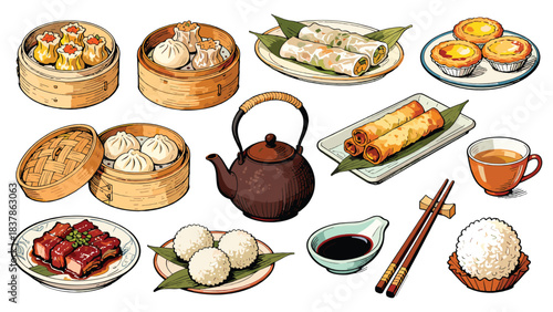 Chinese food illustration. Dim sum dishes. Dumplings. Steamed buns. Sushi rolls. Tea set. Chopsticks. Rice bowl. Vector illustration on white background.
