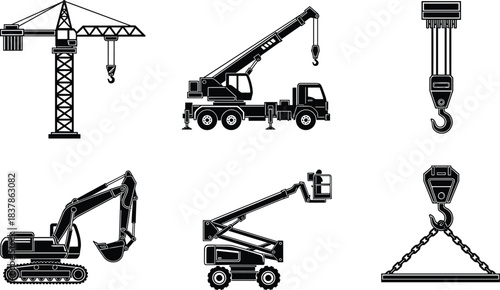 Silhouettes of construction machinery including cranes, excavator, boom lift, and hook systems