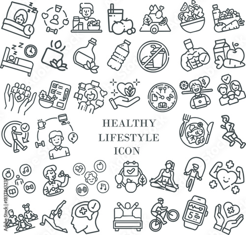 Modern healthy lifestyle icon set featuring wellness, fitness, nutrition, mindfulness, and self care doodle symbol. Perfect for app, infographic, medical guide, coaching, blogs, and wellness branding.