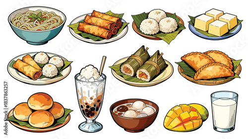 Variety of Asian desserts and snacks. Sweet treats. Food illustrations. Vector icons. White background. Dessert menu items. Cartoon style.