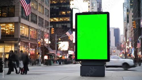 Green Screen Billboard in Times Square New York City with Blurry Traffic and Pedestrians.