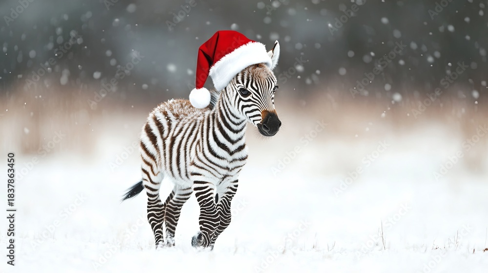 Naklejka premium Baby zebra with a Santa hat, trotting through a snowy field .