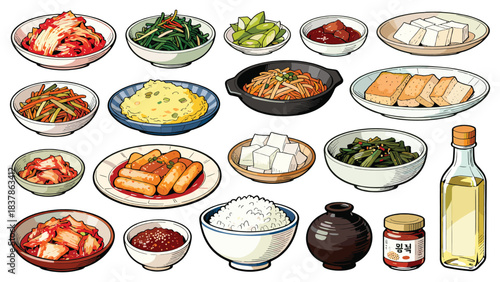 Korean food illustration. Various dishes and ingredients. Asian cuisine. Food icons. Vector illustration on white background. Meal and snack options. Traditional Korean dishes. Food and