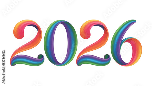 The Year of Vision: A vibrant, colorful display of the year 2026, sculpted with flowing lines and a modern flair, representing progress and anticipation.