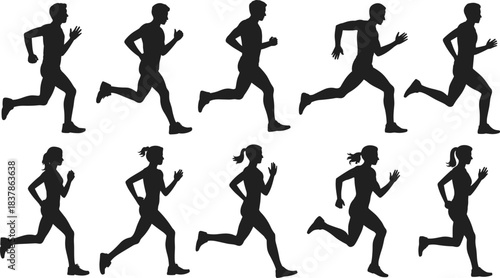 Silhouettes of male and female runners in motion on a white background Keywords: running, runner, silhouette, male, female, man