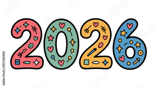 New Year's Eve: The year 2026 is shown, designed with colors, hearts, and stars that evoke festive celebrations and anticipate new opportunities