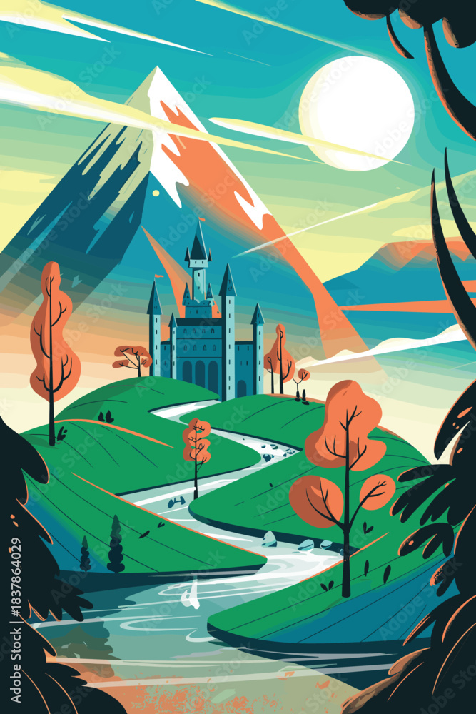 Naklejka premium Fantasy landscape, castle on hill, winding path, river and trees, snow-capped mountain, vibrant sky, vector illustration, stock design, adventure scene