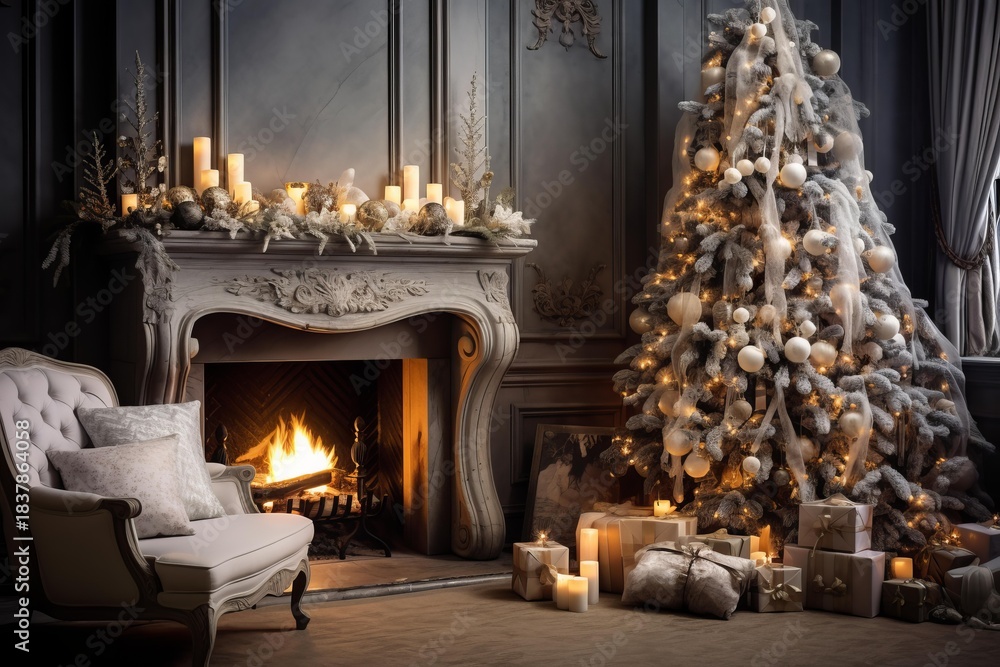 Obraz premium Burning fireplace and christmas tree creating cozy atmosphere in elegant living room
