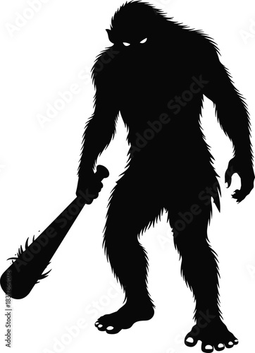 Fantasy monster silhouette, troll or ogre, spiked club, glowing eyes, mythical creature, dark figure, vector illustration, stock design, dramatic pose