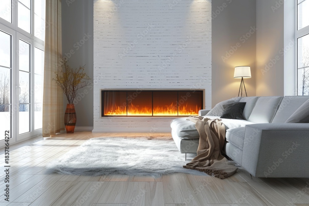 Obraz premium Warm and inviting living room with a modern fireplace, comfortable sofa, and a view of a snowy winter landscape