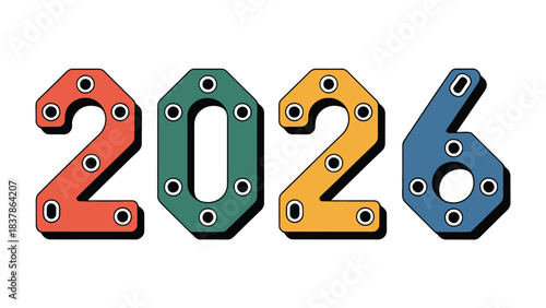 Year 2026: The bold 2026 numerals leap forward, composed of intricately designed parts, signaling innovation, ambition, and the exciting prospect of what the future holds.