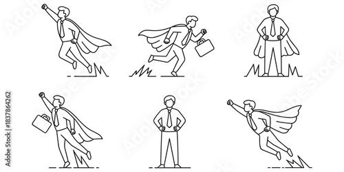 Six Line Art Superhero Business People Poses With Capes And Briefcases person businessman