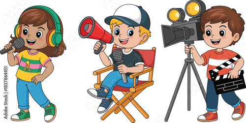Kids Filmmaking and Media Production Roles: Cartoon Children Acting as Director, Cameraman with Clapperboard, and Singer/Sound Engineer, Representing Creativity and Career Exploration