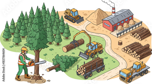 Sustainable Forest Management: Logging Industry Ecosystem with Timber Harvesting, Transportation, and Sawmill Processing for Wood Production