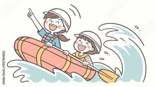 Two happy cartoon children rafting on waves, wearing helmets and life vests, enjoying an outdoor water adventure.