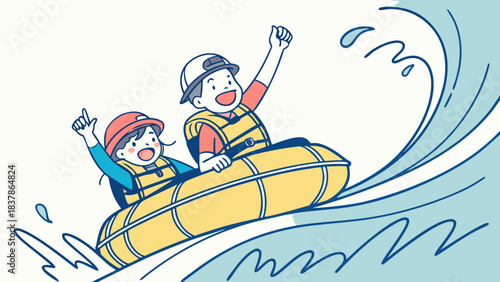 Two happy children in life vests riding a yellow inflatable tube on a large wave, enjoying a water activity.