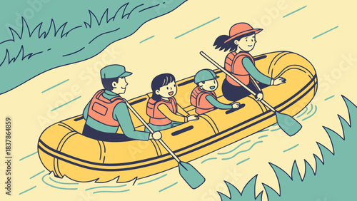 A family of four enjoys a scenic rafting trip down a gentle river, paddling together in a yellow raft.