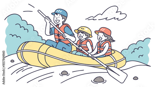 A family of three, including a father and two children, enjoying a rafting adventure on a river, wearing life vests and paddling.