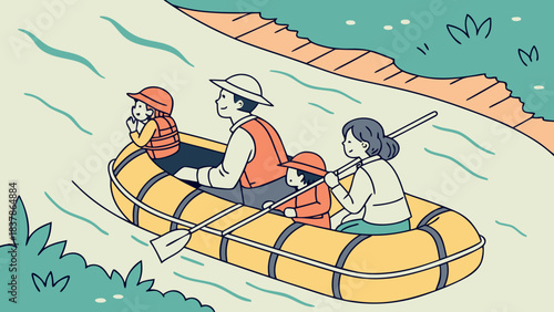 A family enjoys a scenic rafting trip down a gentle river, with two adults and two children in a yellow raft.