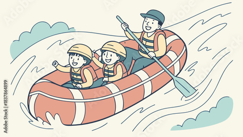 An adult and two children joyfully navigating river rapids in an inflatable raft, enjoying a white water rafting adventure.