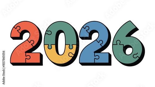 2026 Puzzle: A colorful and imaginative rendering of the year 2026 constructed from interconnected puzzle pieces, symbolizing the connection, foresight, and planning for the future. 