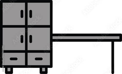 Office or Study Furniture Combination: Cabinet and Desk Unit with Storage Drawers and Doors, Representing Workspace Organization, Corporate Interior, and Home Office Setup