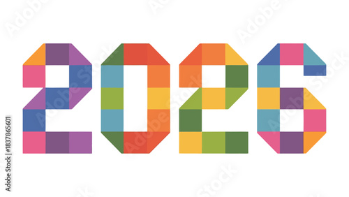 2026 Typography: A vibrant, multi-colored graphic of the year 2026, composed of a geometric, pixelated design, symbolizing the future and technological advancement.