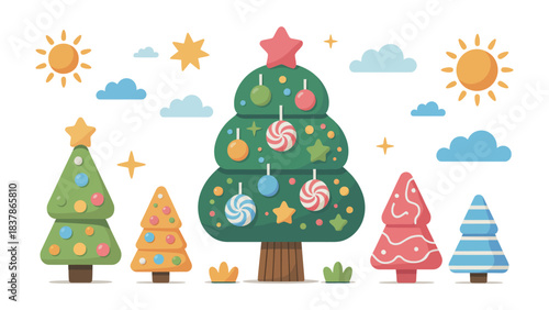 Festive Fantasy Forest: A charming illustrated scene filled with various uniquely designed christmas tree, adorned with cheerful elements, and stars. capturing the essence of the holiday spirit.