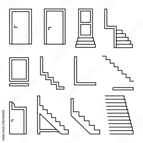 Doors, stairs for floor plan top view. Architectural elements set for apartment scheme. vector
