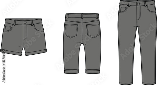 Set of grey pants technical drawings including shorts, capris, and jeans, front and back views, flat vector illustration isolated on white background.