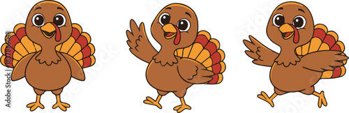 A cheerful set of three cute vector illustrations featuring a brown Thanksgiving turkey mascot character with colorful tail feathers, depicted in standing, waving, and running poses.