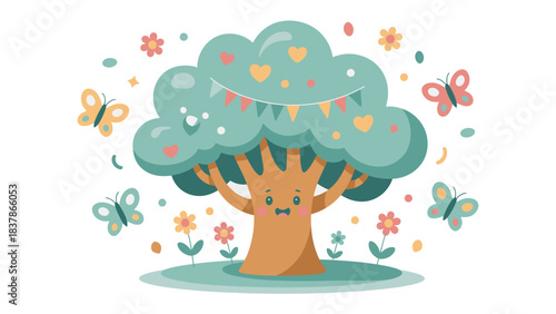 Whimsical Tree: A charming illustration depicts a friendly tree adorned with hearts and festive decorations, surrounded by fluttering butterflies and blossoming flowers.