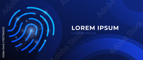 Dark blue gradient background with glowing fingerprint ID. Simple cyber security texture with neon scan lines. Minimal digital technology bg with biometric authentication pattern for innovation design