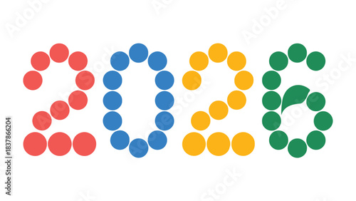 Year 2026 Typography: A colorful graphic design showcases the year 2026, composed of vibrant circles, perfect for calendars, event announcements, and futuristic concepts.